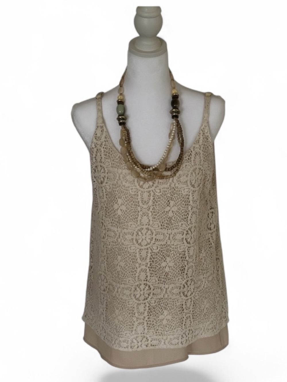 Cabi Cami Cream Crochet Lace Tank Camisole with Beaded Boho Triple Strand